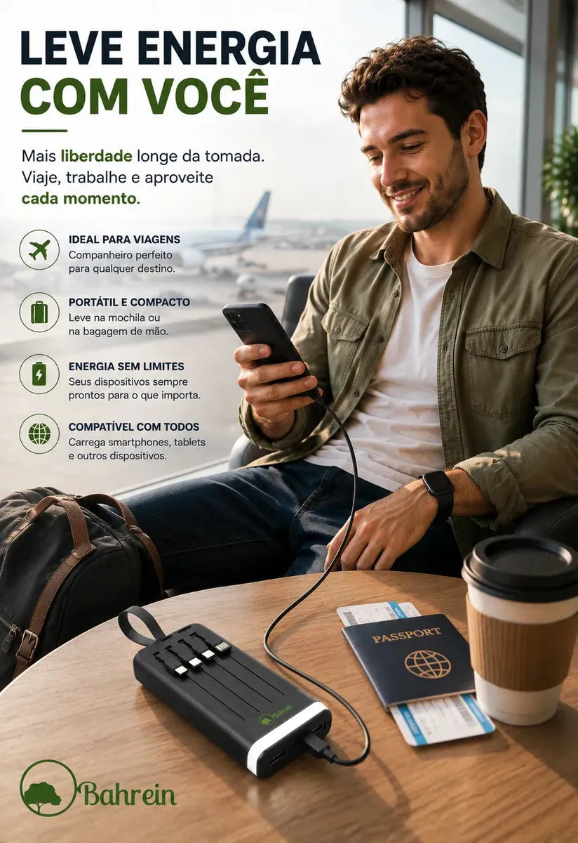 Power Bank Bahrein 20.000mAh com Display, 4 Saídas USB, 3,1A