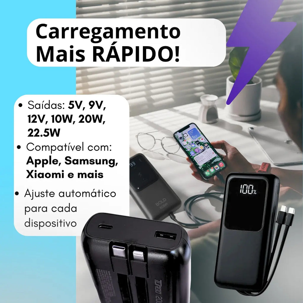 Carregador Portátil 20000 Turbo 22.5w Power Bank Premium Universal Rápido Voo Transporte Aéreo Para Samsung iPhone Xiaomi Motorola Celular Smartwatch Tablet Casenn Preto
