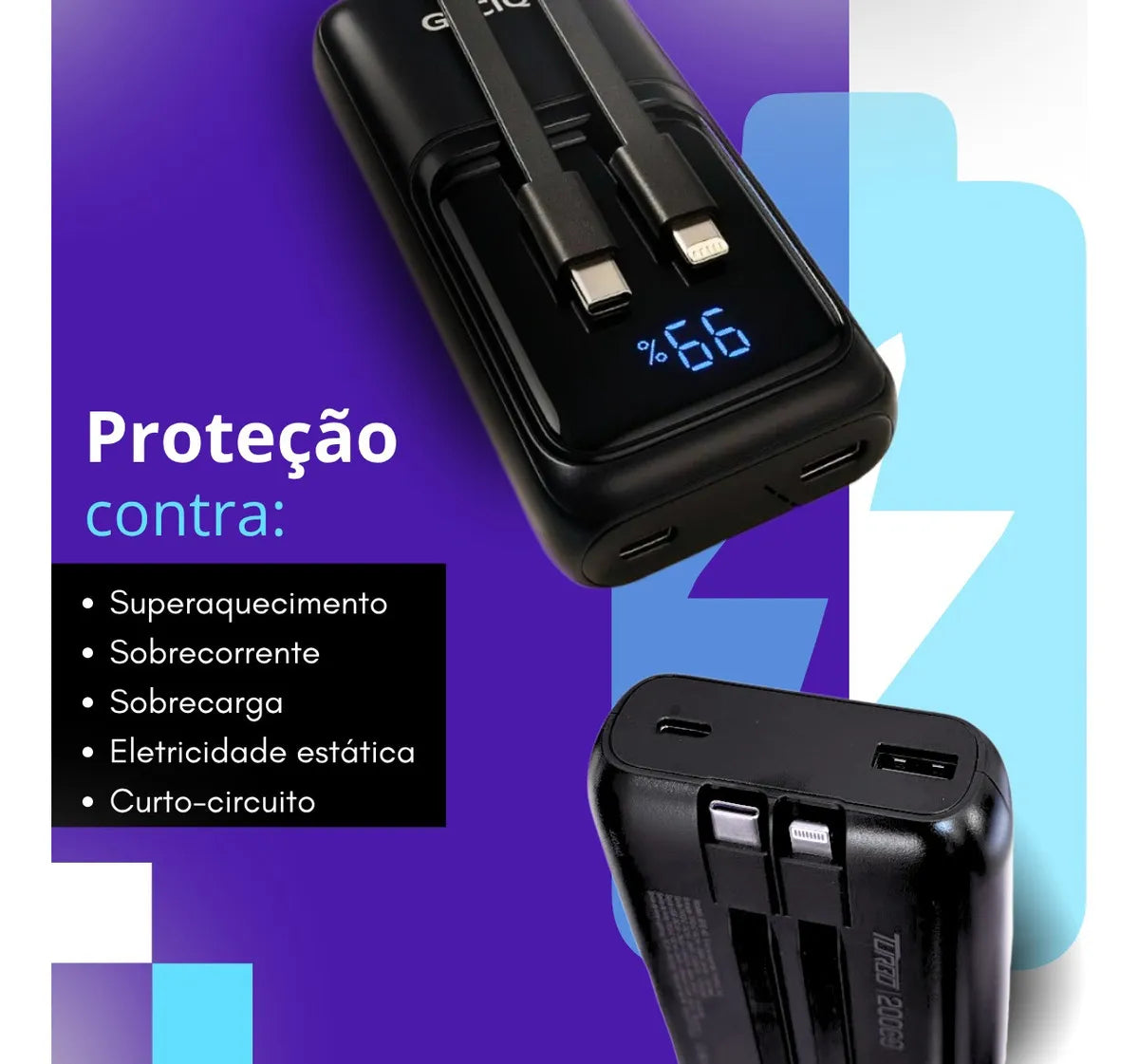 Carregador Portátil 20000 Turbo 22.5w Power Bank Premium Universal Rápido Voo Transporte Aéreo Para Samsung iPhone Xiaomi Motorola Celular Smartwatch Tablet Casenn Preto