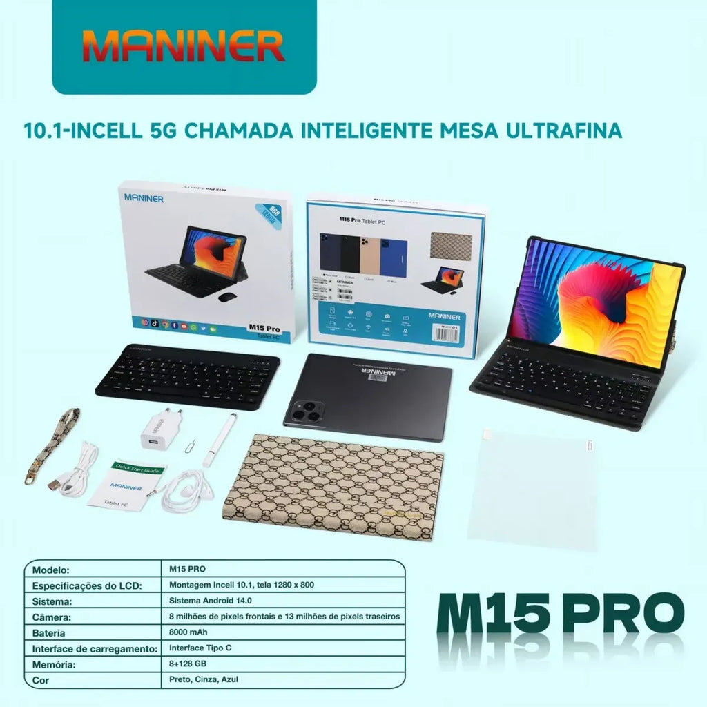 Tablet M15 Pro 10,1" 8 GB RAM 128 GB com Teclado e Caneta