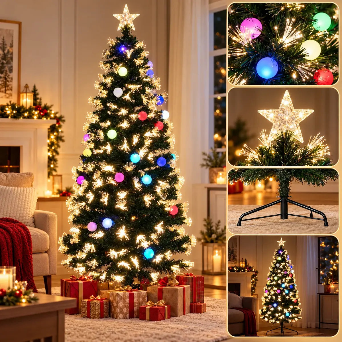 Árvore de Natal 210 cm com LED e Fibra Óptica Colorida Bivolt