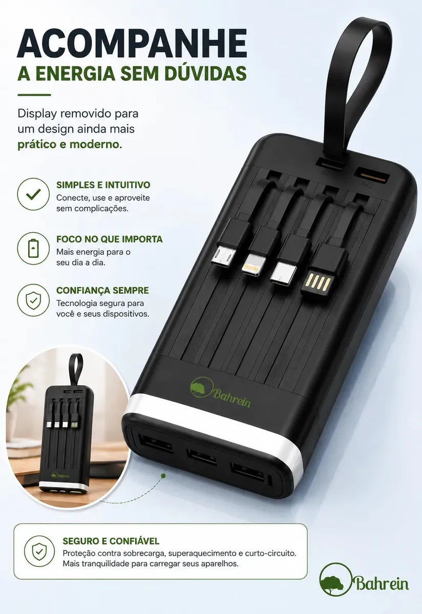 Power Bank Bahrein 20.000mAh com Display, 4 Saídas USB, 3,1A