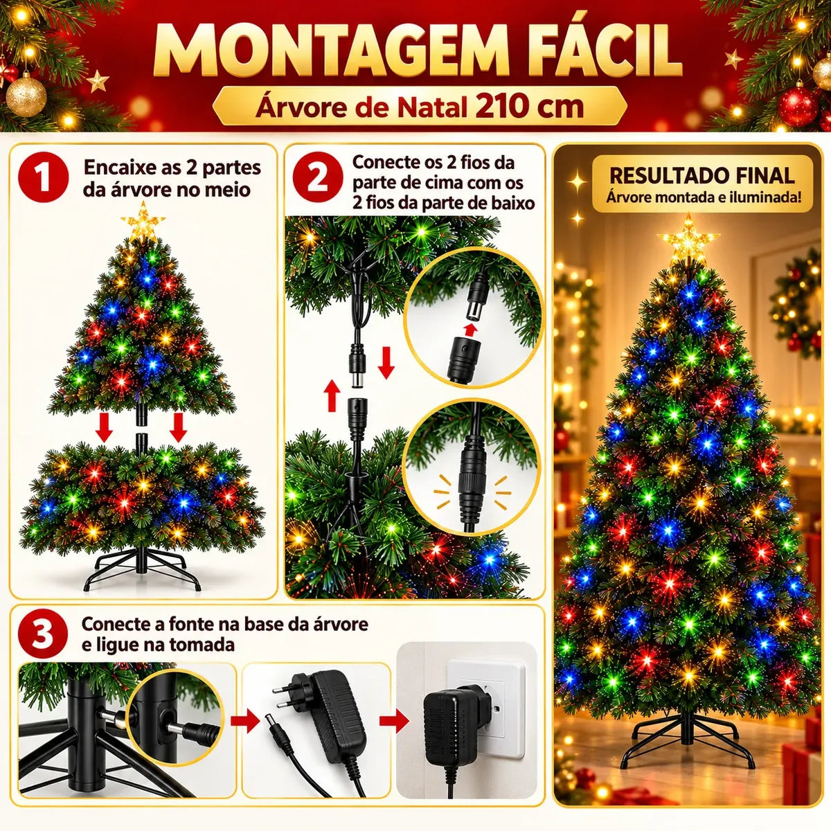 Árvore de Natal 210 cm com LED e Fibra Óptica Colorida Bivolt