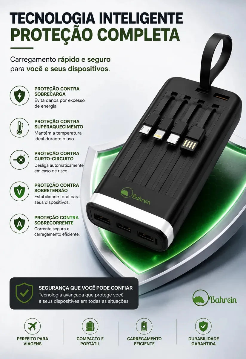 Power Bank Bahrein 20.000mAh com Display, 4 Saídas USB, 3,1A