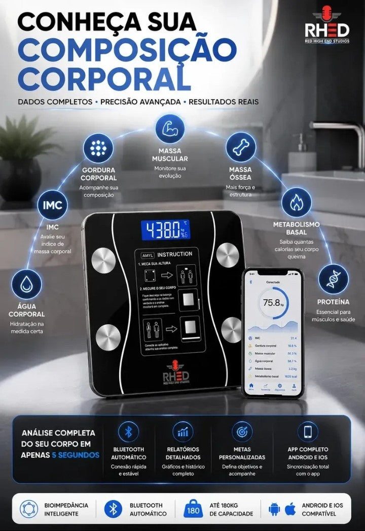 Balança Digital Inteligente com Bioimpedância – Bluetooth, App Android/iOS