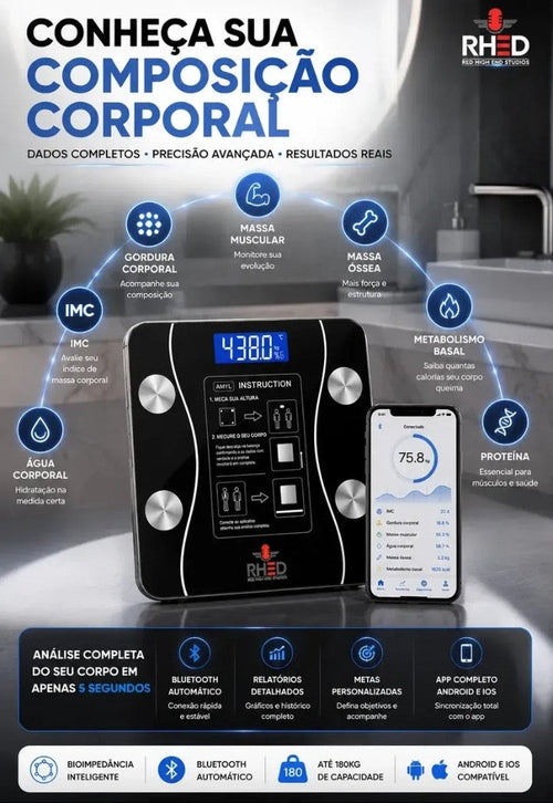 Balança Digital Inteligente com Bioimpedância – Bluetooth, App Android/iOS