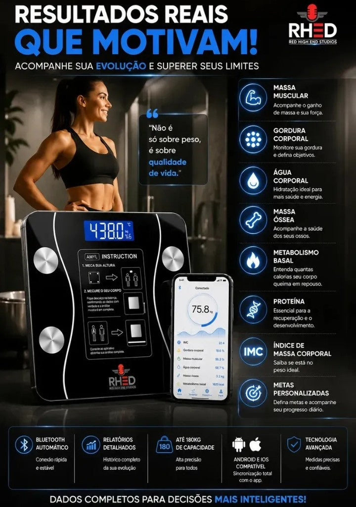 Balança Digital Inteligente com Bioimpedância – Bluetooth, App Android/iOS