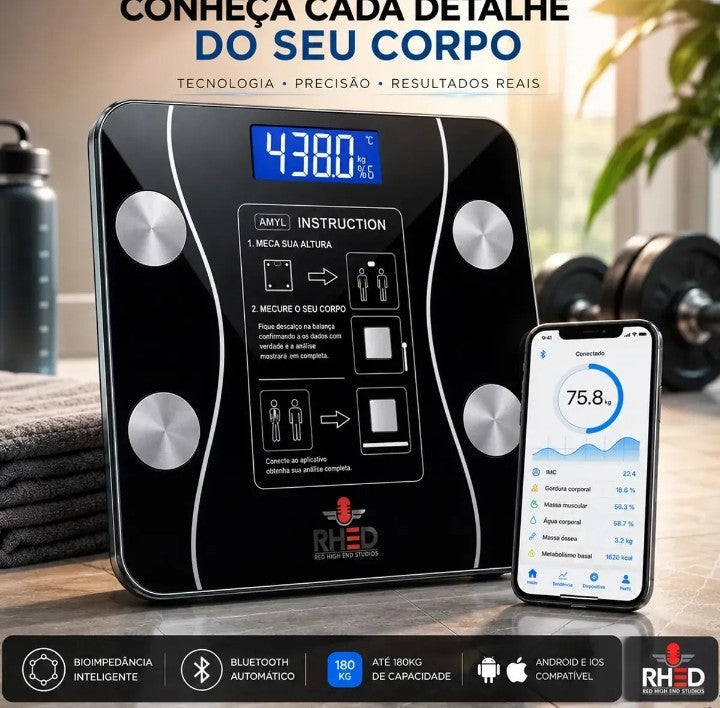 Balança Digital Inteligente com Bioimpedância – Bluetooth, App Android/iOS